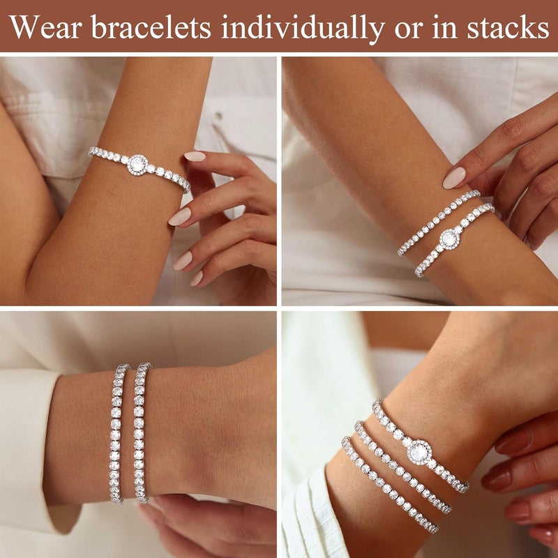 Yadoca Tennis Bracelets For Women - Silver Plated Bracelet Stack Cubic Zirconia CZ Diamond Adjustable Stackable Bracelets Set For Prom Wedding Jewelry Gift 3Pcs - Image 5